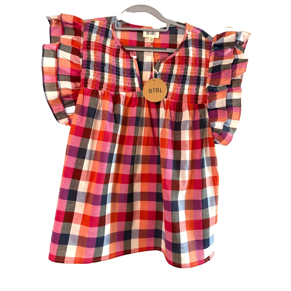 BiBi Women's Smocked Pink Multi Colored/Plaid Ruffled Sleeve Boho Flair Blouse